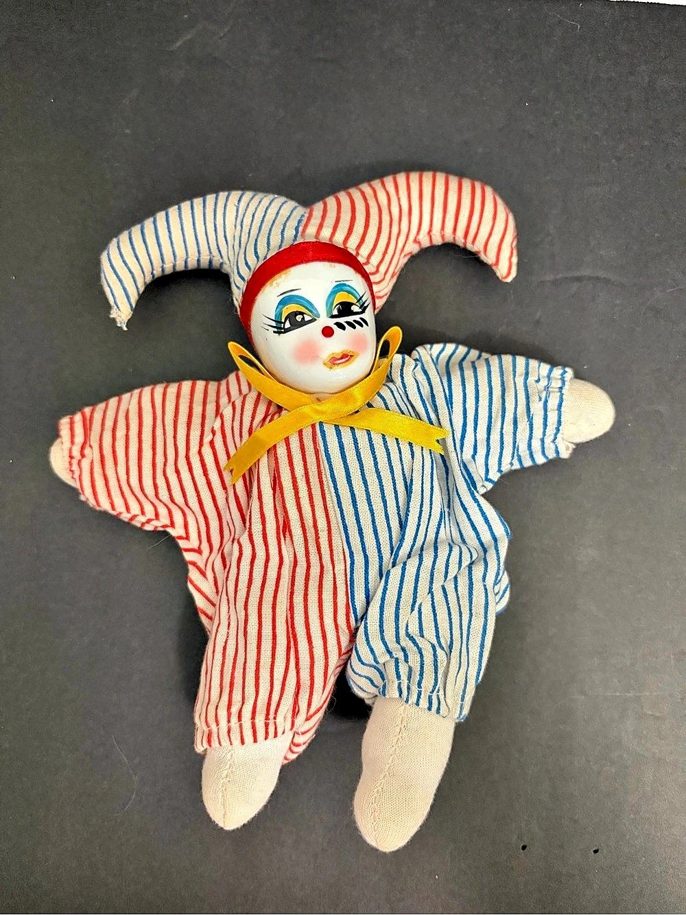 Vintage 90s Porcelain Head Clown Jester Sandbag Soft Plush Toy 8”